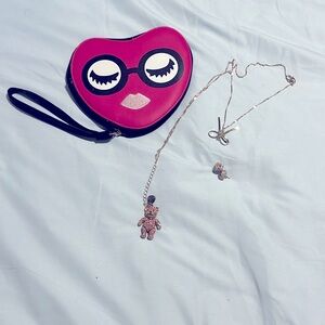 Betsey Johnson pink teddy bear cute necklace with bear earrings and heart wallet